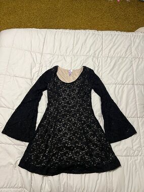 Alya Black Lace Dress with Nude Lining and Bell Sleeves